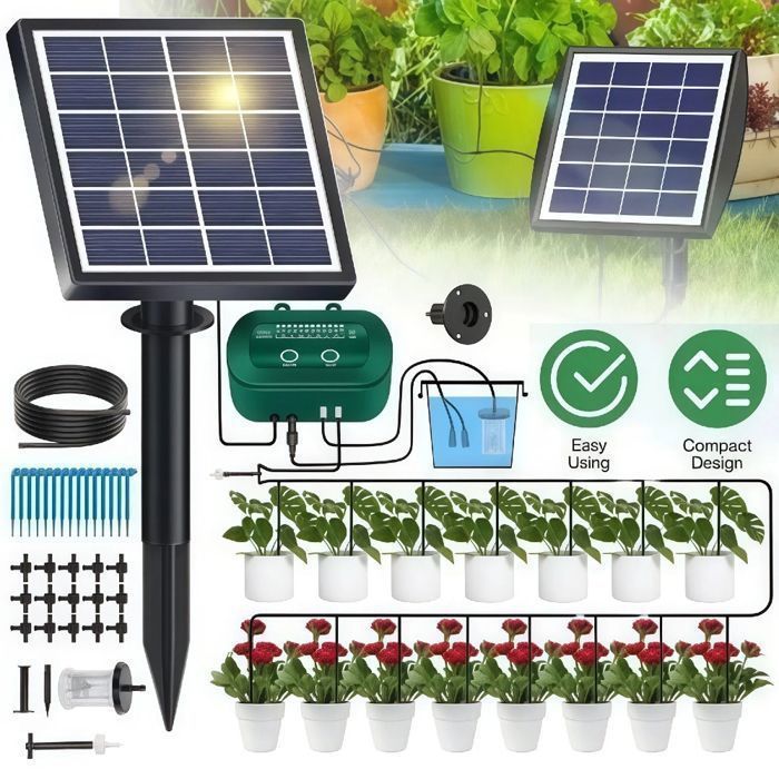 Kit Arrosage Goutte-à-Goutte Solaire 15m – 12 Modes Précis + 15 Goutteurs – 70% Économie dEau IP65 – Idéal Vacances Jardin