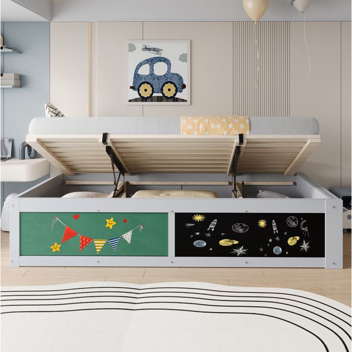 Lit Combiné Enfant 1 Place 90×200 cm Rangement Hydraulique Tableau Noir et Feutre - LPOSPI - Sans Matelas Bois Gris