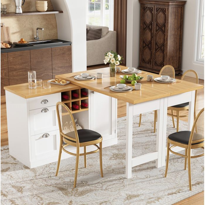 WOVREO Ilot central extensible 120-197 cm avec rotation 360° rangement porte-bouteilles tiroir MDF blanc