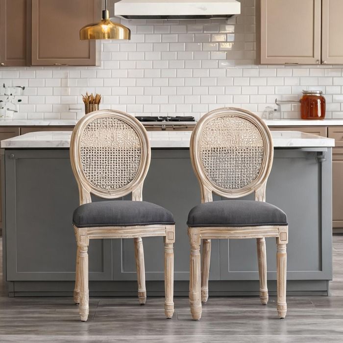 Chaise médaillon Louis XVI lot de 2 bois massif sculpté patiné tissu polyester - Gris Tissu polyester au toucher lin 19.29 x