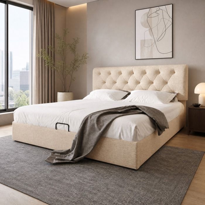 Lit coffre 160x200 cm beige avec tête réglable sommier à lattes et matelas inclus
