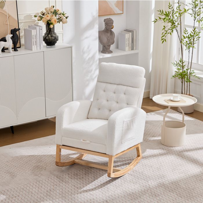 Fauteuil à bascule 1 place avec repose-pieds extensible - BEAUNIV - poches latérales bouclé et bois - blanc