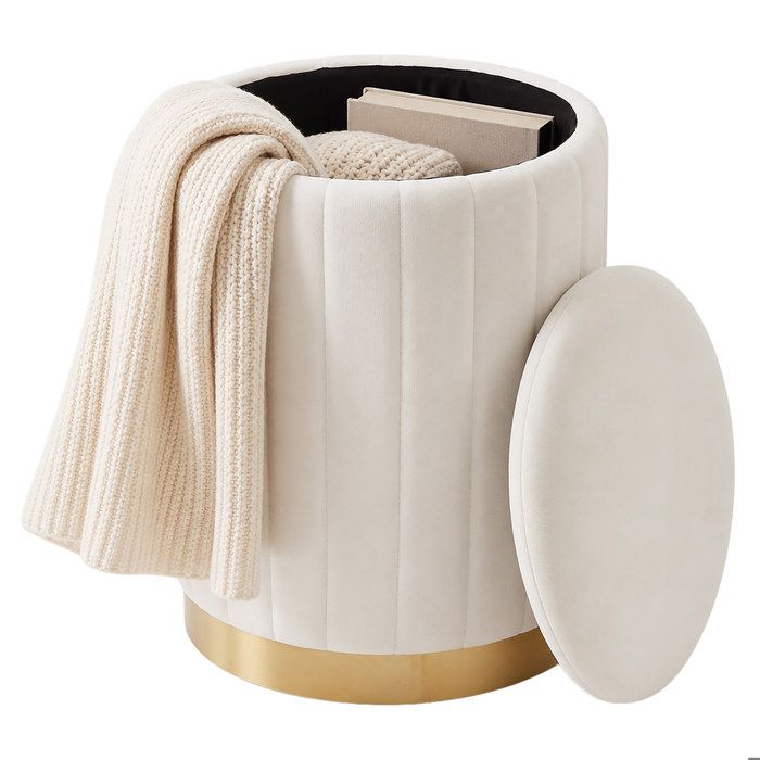 Relaxdays pouf en velours tabouret avec rangement rembourré rond salon H x Ø : 42 x 32 cm blanc