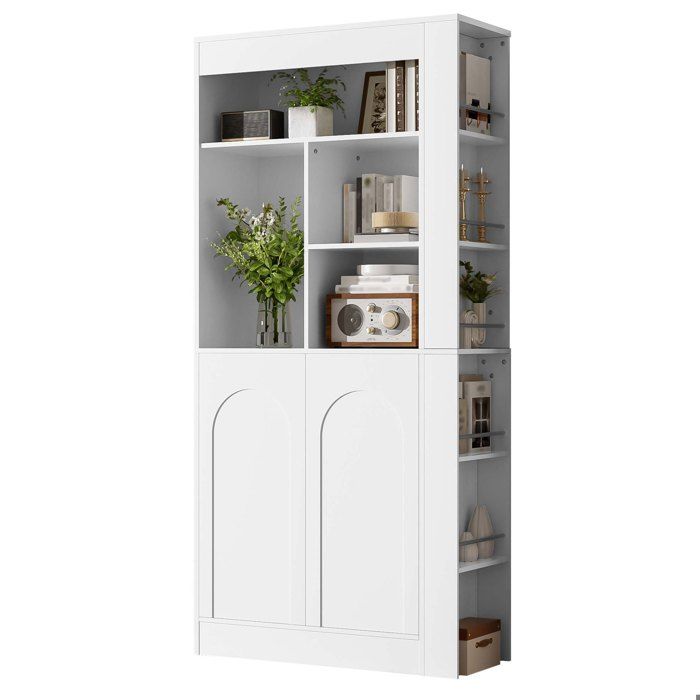 ELVORIN Meuble de rangement haut 85 x 35 x 180 cm étagères ouvertes 2 portes rangements latéraux blanc panneaux de particules