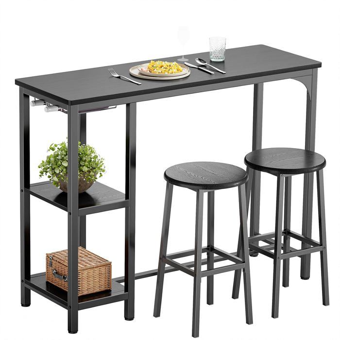 Ensemble Table Haute Bar avec 2 Tabourets - Table Mange Debout Multifonction 2 Étagères Porte-Bouteilles Gain Place Cuisine Noir