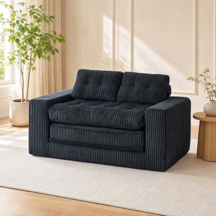 Canapé-lit 2 places convertible - ZEVKOR - Modèle compact - Tissu cord velours côtelé noir - Couchage 60x180 cm