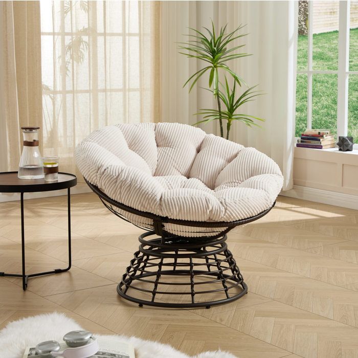 Fauteuil papasan pivotant 360° avec coussin épais structure acier thermolaqué et rotin PE blanc marron TYNQER