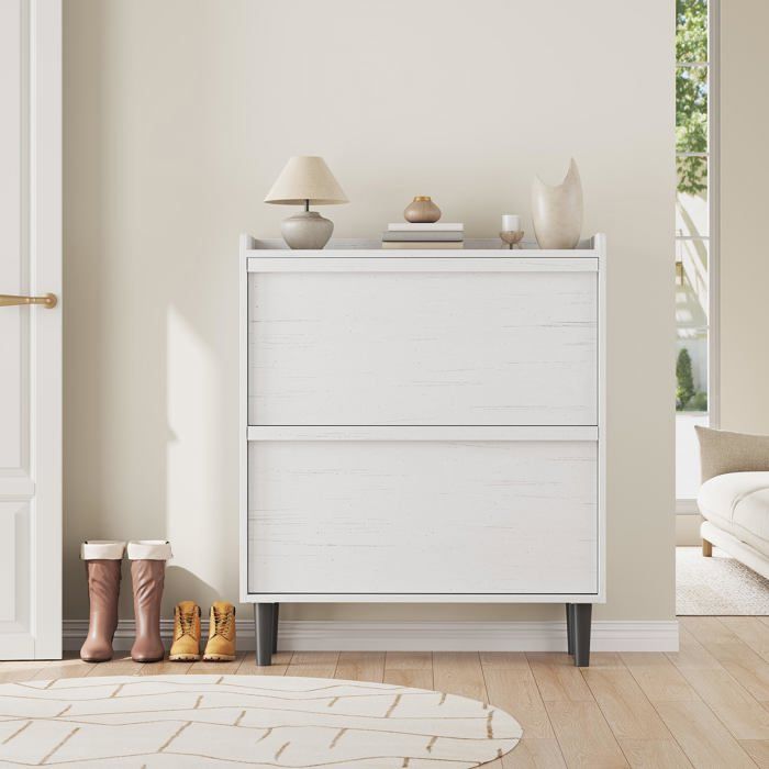 Meuble à chaussures – Armoire en bois – 2 tiroirs basculants – Étagère réglable – Rangement chaussures dissimulé blanc antique