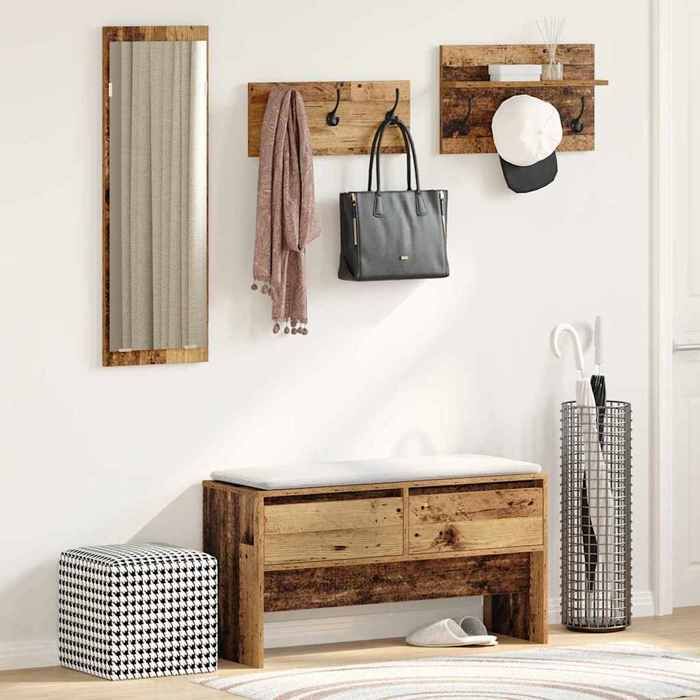 Meuble d’entrée - MAISON EXCLUSIVE - Ensemble 4 pc - Bois ancien - Banc de rangement - Porte‑manteaux intégrés