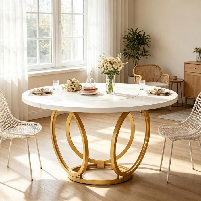 Table à Manger Ronde pour 4-Table de Cuisine Blanche avec Pied métallique doré-Basse pour Salle à Manger ou café-Blanc et Or