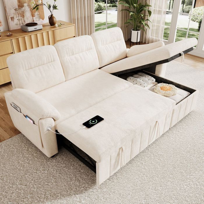 Canapé-Lit dAngle Méridienne réversible gauche/droite Fonction couchage extensible Rangement dans la méridienne Panneau USB-C