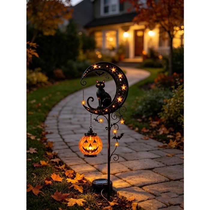 Décoration de jardin pour Halloween – Lampe solaire dextérieur en forme de citrouille avec chat noir et lune