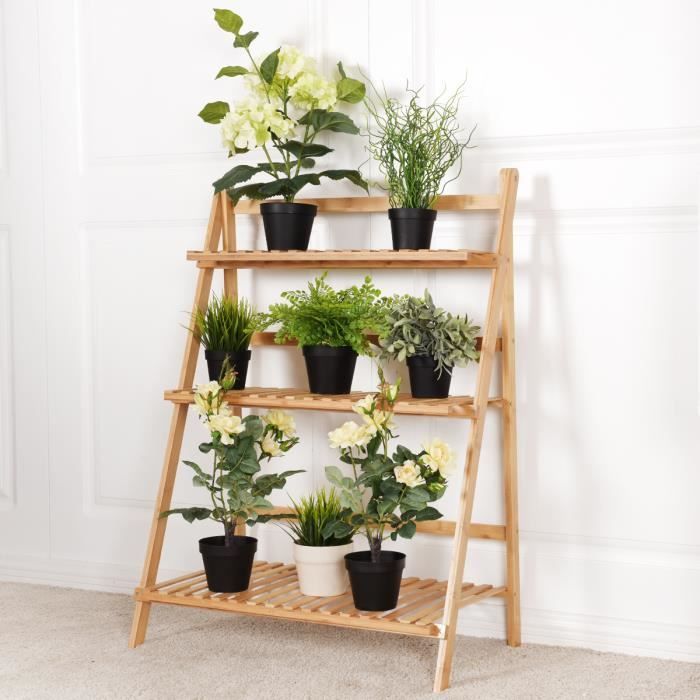 Étagère à Fleurs Porte Pots de Plante Fleurs Étagère à échelle Pliante en Bambou Présentoire de Jardin avec 3 Tablettes