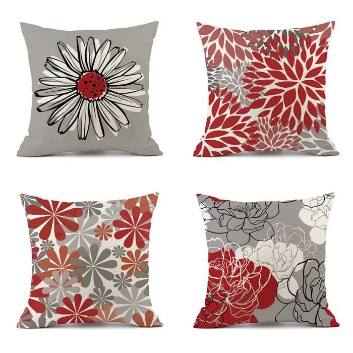 Housse de coussin - Modèle Floral - Lot de 4 - 45 x 45 cm - Motif fleurs printanières turquoise/rouge