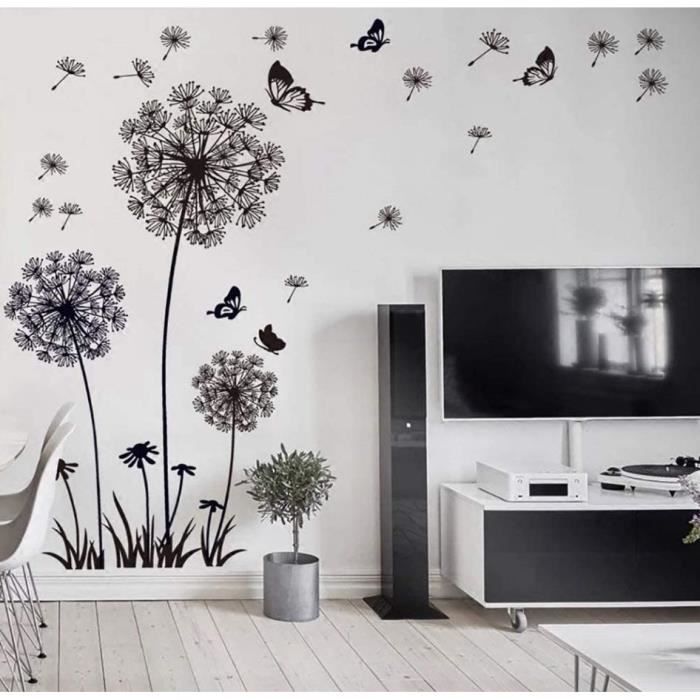 XL Stickers muraux FLEURS DE PISSENLIT noir (165x130 cm) I papillon plantes  branche arbre I autocollant sticker mural pour salon - Cdiscount Maison
