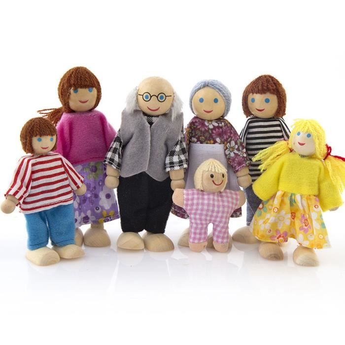 Maison de poupées miniature Famille de 4 poupées en bois souples avec 
