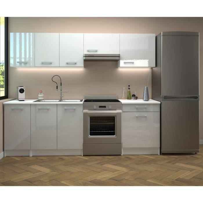 START Cuisine complète - Mélaminé blanc - Façade polymère blanc brillant - L240 x P60 cm - Plan de t