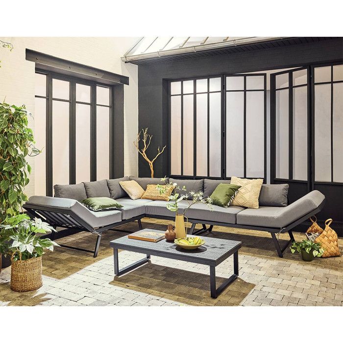 Konna - salon de jardin dangle en acier noir - 5 places - coussin gris et table incluse - Noir / Gris