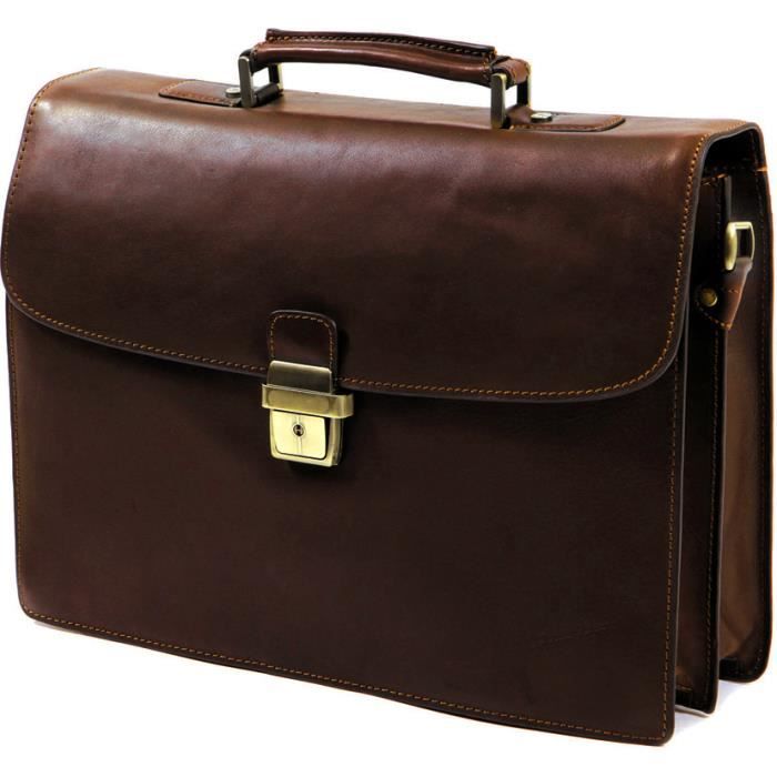 Cartable Cuir Vachette Katana - 4 Soufflets - Dimensions 40x32x14.5cm - Marron - Fermoir Métal