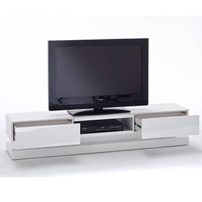 meuble tv design shiva 2 tiroirs laqué blanc brillant éclairage led intégré blanc bois inside75