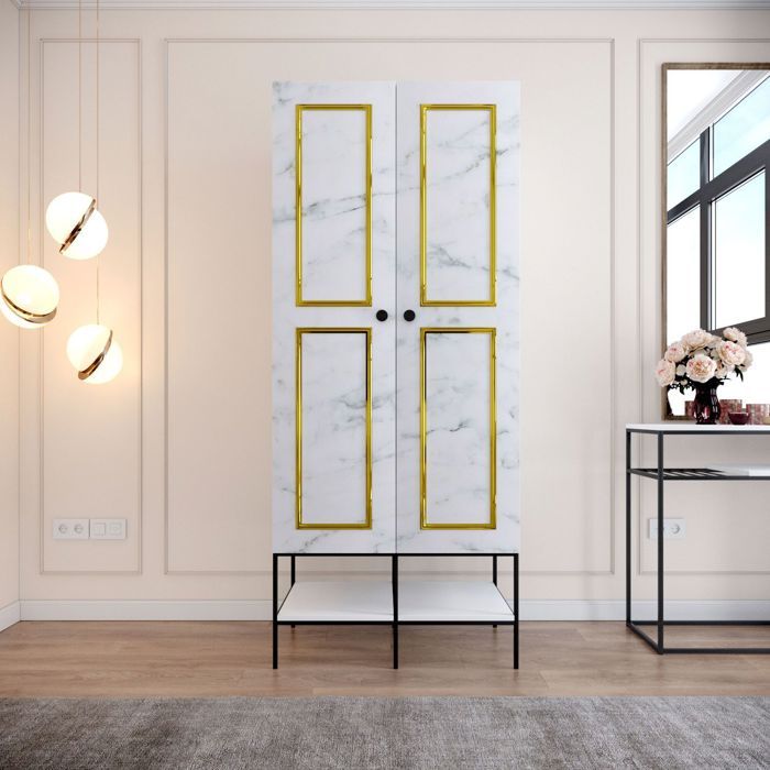 Armoire 2 panneaux Imperiosus 84cm Bois finition Blanc Noir Or