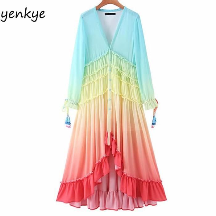 Robe Robe longue pour les vacances robe d ete degrade multicolore robe de plage pour femmes romantique avec pompon poignets Blanc Cdiscount Pret a Porter