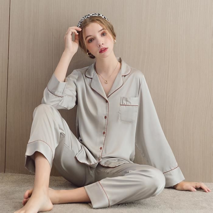 Pyjama Femme 2 Pieces Ensemble de Vetements Nuit Manches Longues Couleur  Unie Pour Toutes Les Saisons Argent - Cdiscount Prêt-à-Porter