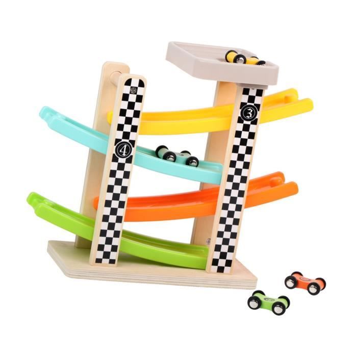 Jouet Garage Voiture Bois Pour Enfant Rampe De Course En Bois Avec 4 Voitures