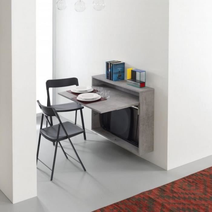 bureau/table extensible mural gris béton avec 3 chaises intégrées gris verre inside75