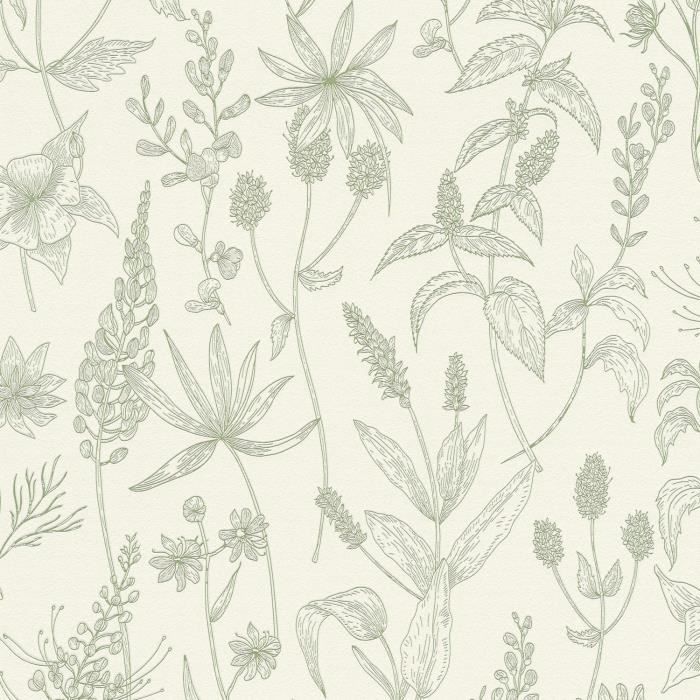 Papier peint style country Profhome 373635-GU papier peint intissé légèrement texturé avec un dessin floral mat vert argent blanc