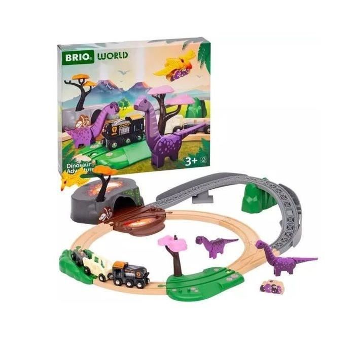 BRIO Circuit Aventure Dinosaure 21 pièces Action de Jeu sans Pile Dinosaures Inclus Circuit de Train en Bois Brio World