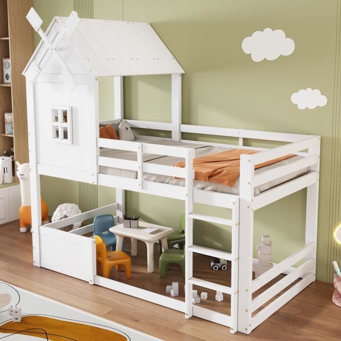 Lit Superposé 90x200cm Et 140x200cm Avec échelle, étagères Et 2 Tiroirs