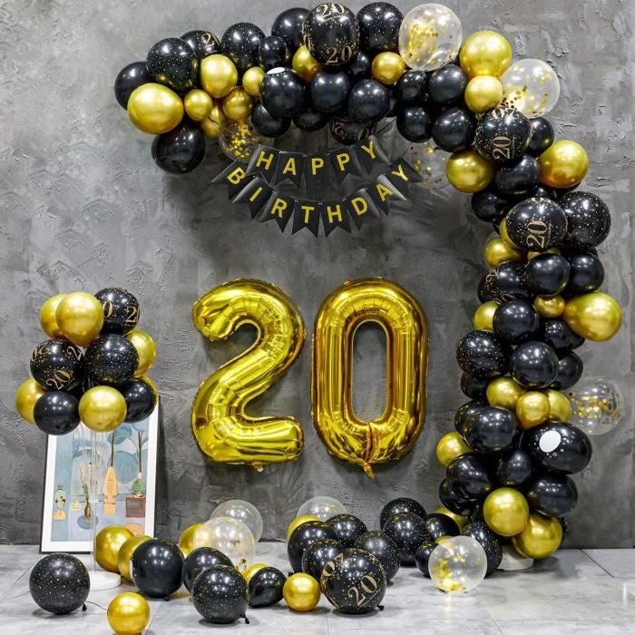 Décoration Anniversaire 20 Ans - Ballons Noir Et Or - Bannière, Chiffres, Confettis - Pour Fête