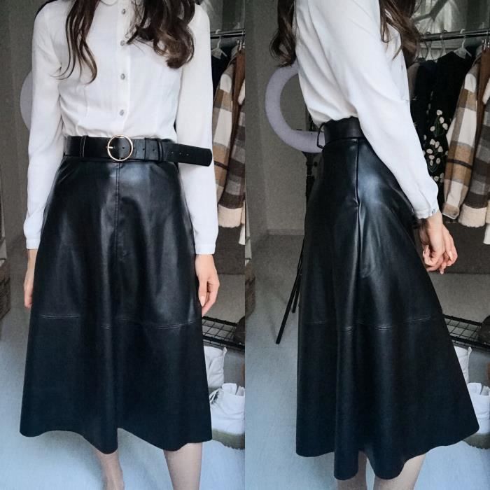 Jupe REALEFT longue jupe en Faux cuir jupe parapluie avec