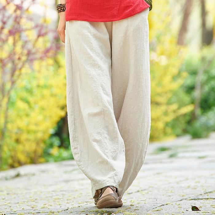 Pantalon Fluide Femme t Pantalon Large en Coton Lin Sarouel