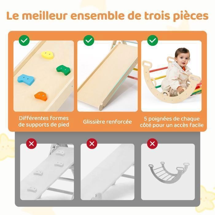 Triangle D’escalade Montessori YOLEO – Cadre Pliable 3 En 1 Avec Toboggan Réversible Pour Enfants – Jeu Intérieur évolutif