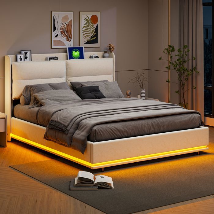 Lit Coffre 140x200 en Velour Tête de Lit Connectée avec Éclairage LED — free download