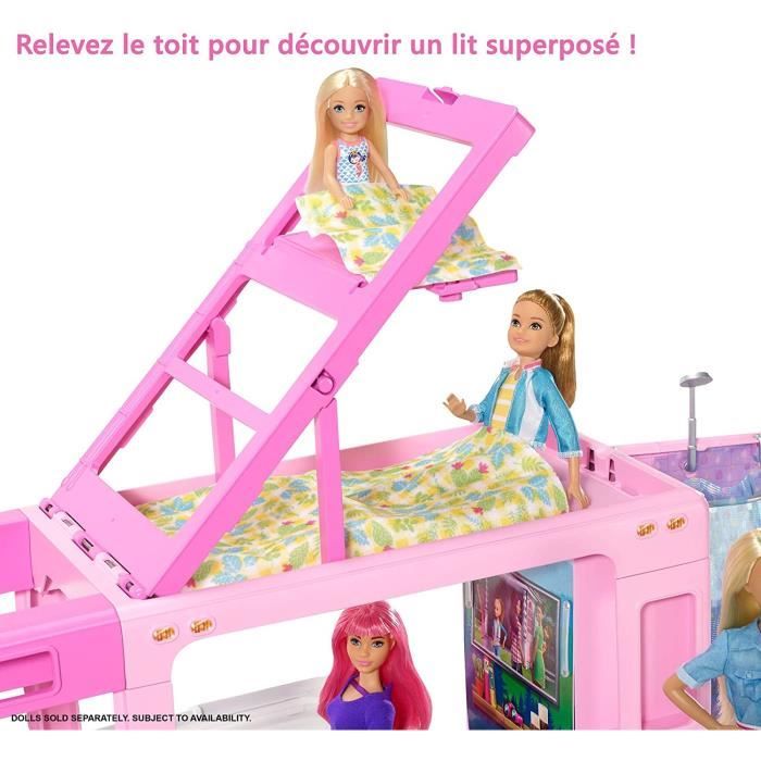 Barbie Camping Car de Reve 3 en 1 Vehicule transformable avec piscine pick up bateau et 50 accessoires Cdiscount Jeux Jouets