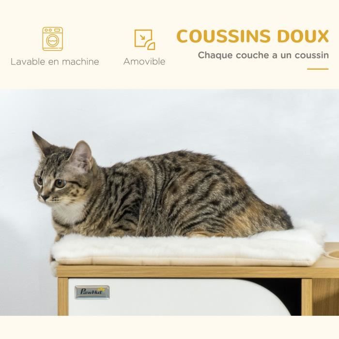 Maison pour chat design - niche chat panier chat - coussin, grattoir  amovibles sisal naturel inclus - MDF bois beige clair