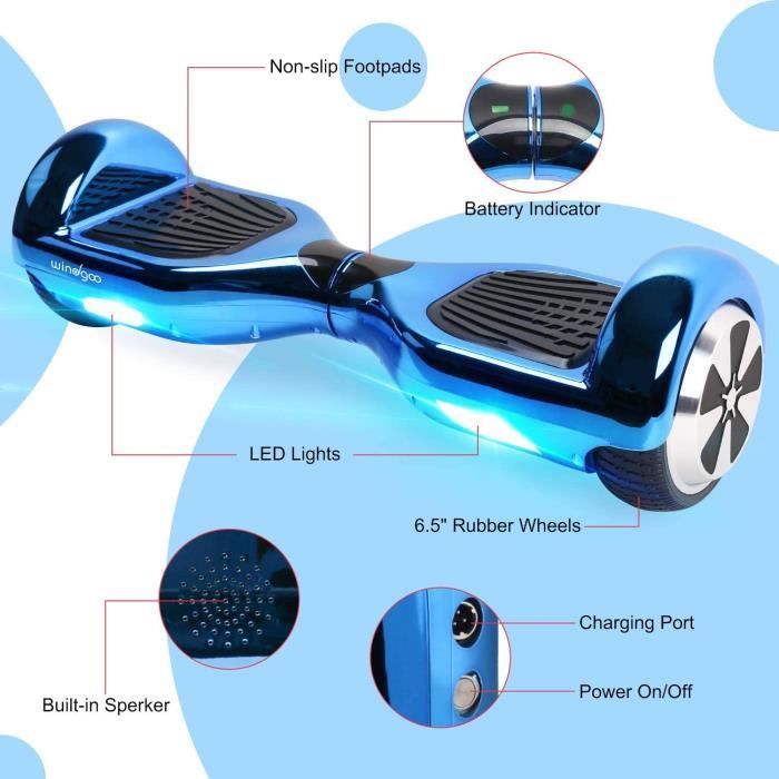 Windgoo Hoverboard 6.5 Pouces Overboard Électrique 500W Auto-Équilibrage  Tout Terrain Board pour Enfants et Adultes - Chrome Bleu - Cdiscount Auto