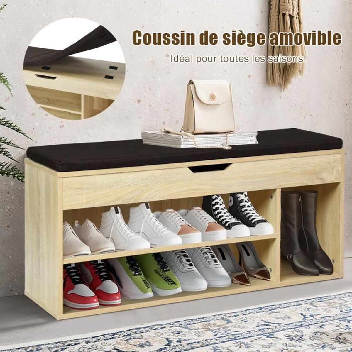 Banc A Chaussures Avec Coussin Meuble A Chaussure Multifonctionnel En Bois Commode A Chaussures Pour Entree 103 5 X 48 X 30cm Achat Vente Meuble A Chaussures Banc A Chaussures Avec Cous Cdiscount
