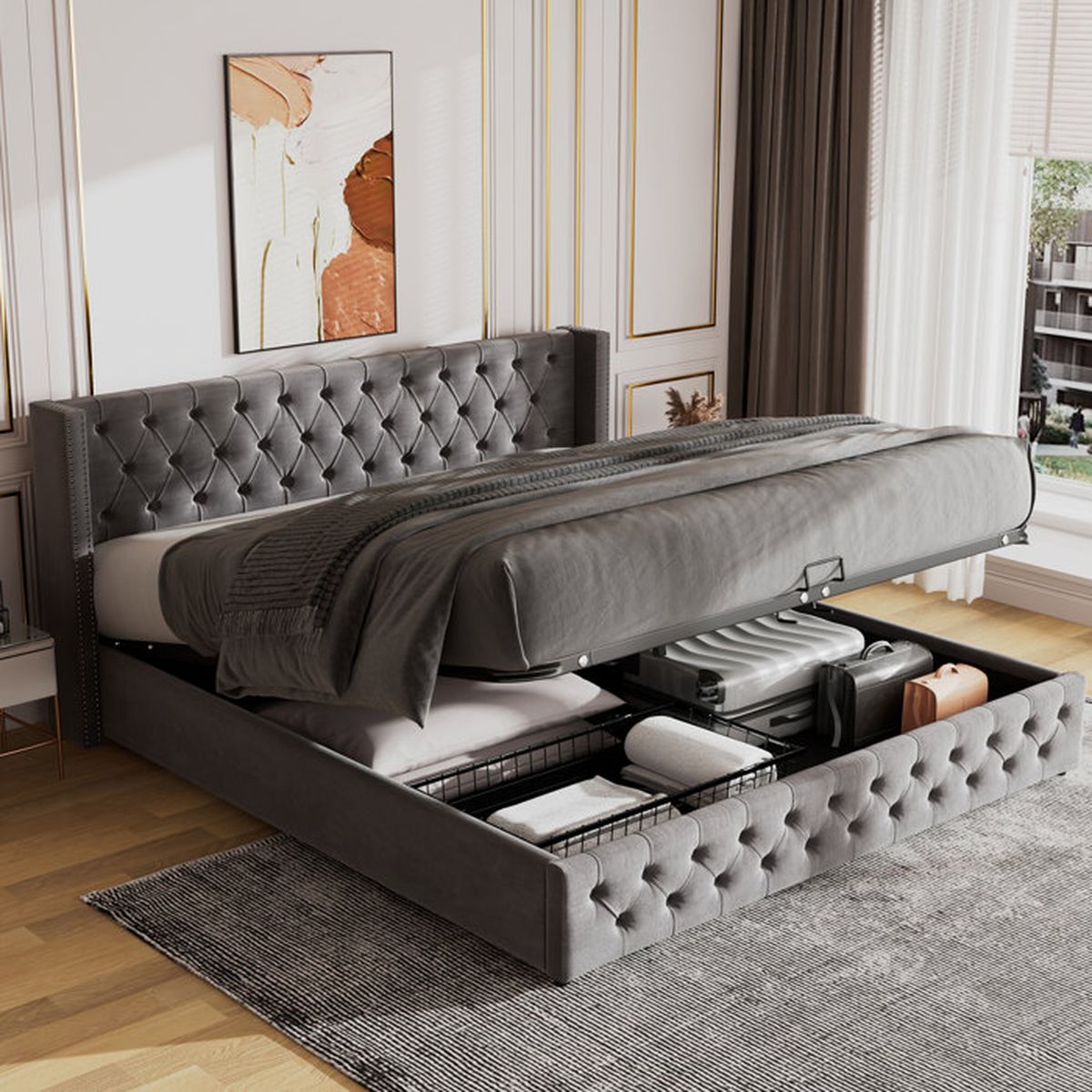 Lit coffre 180x200 sommier inclus Auria Velours Gris | Leroy Merlin