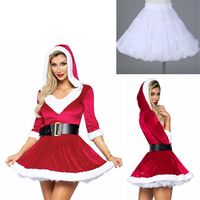 Robe de Noël en Peluche Décorée Sexy pour Femmes, Robe Courte Trapèze à Col en V Profond à Capuche Manches Courtes,une jupe