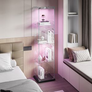 Vitrine Verre Avec Éclairage LED Tactile - Armoire Rangement Verticale 1 Porte 3 Étages Noir 123x40x35cm