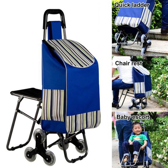 Chariot De Courses Pliable à Double Triple Roue - Avec Siège Et Poche Zippée - Pour Escaliers, Shopping, Voyage - 1