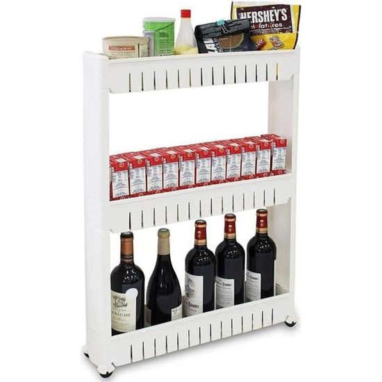 Chariot Rangement 3 Niveaux Étroit 10cm Blanc - Organisateur Mobile Cuisine Salle De Bain