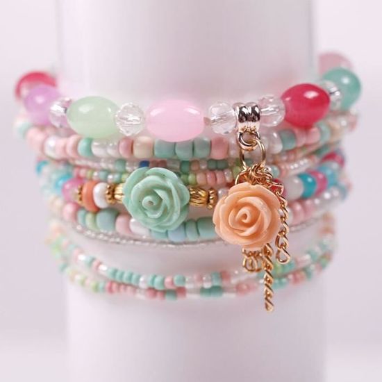 Bracelet Extensible Fantaisie En Cuivre Avec Perles Et Cristaux - Modèle 2355, Occasion, Déco Colorée Et Ajustable