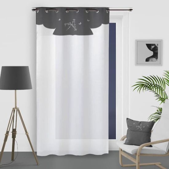 Soleil D'Ocre Tenda In Cotone Grigio Con Occhielli - Emilie Navigare Ricamato - 135x250 Cm