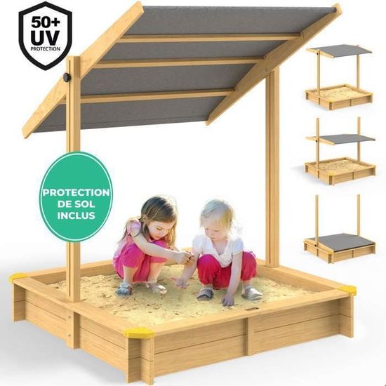 Bac à Sable Ladanas® FERMABLE Avec Toit Et Bancs Avec Bâche + Tapis De Sol 140x140cm Bois Impregne Jaune
