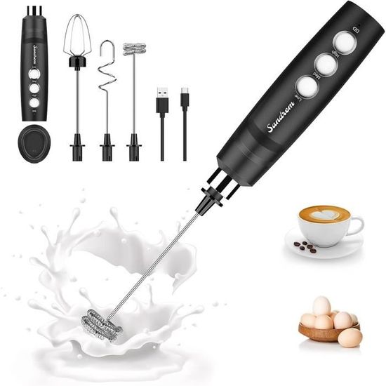 FAOKZE Mousseur à lait électrique avec trois fouets, rechargeable par USB, fouet à lait, en acier inoxydable, pour café, latte, cappuccino, chocolat chaud, matcha